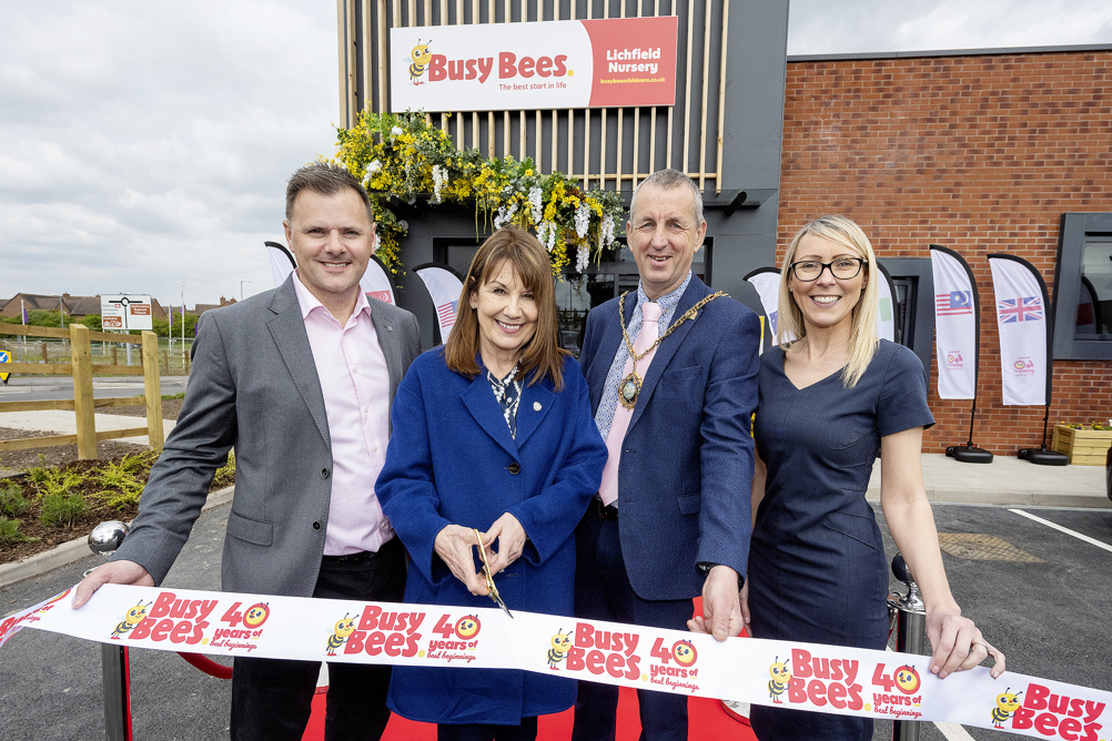 From left: Busy Bees European CEO Chris McCandless and co-founder Marg Randles, Mayor of Lichfield Councillor Jamie Checkland, and Kelly Allington, centre director at Busy Bees Lichfield, cut the ribbon to declare the centre open PHOTO: Busy Bees