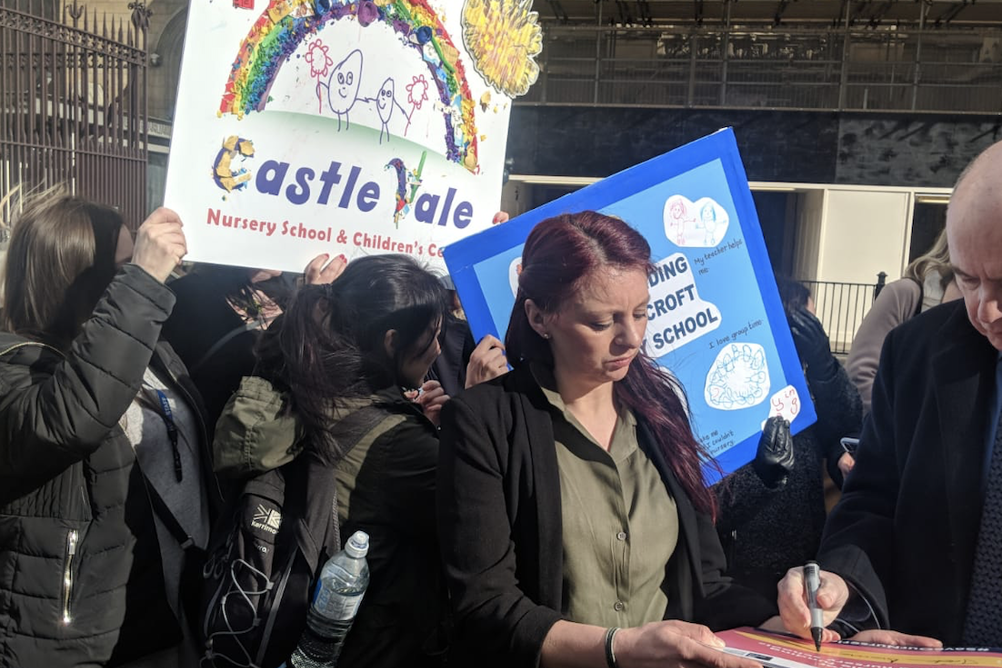 Sally Leese, head teacher at Castle Vale Nursery School in Birmingham on a march on Downing Street in 2019